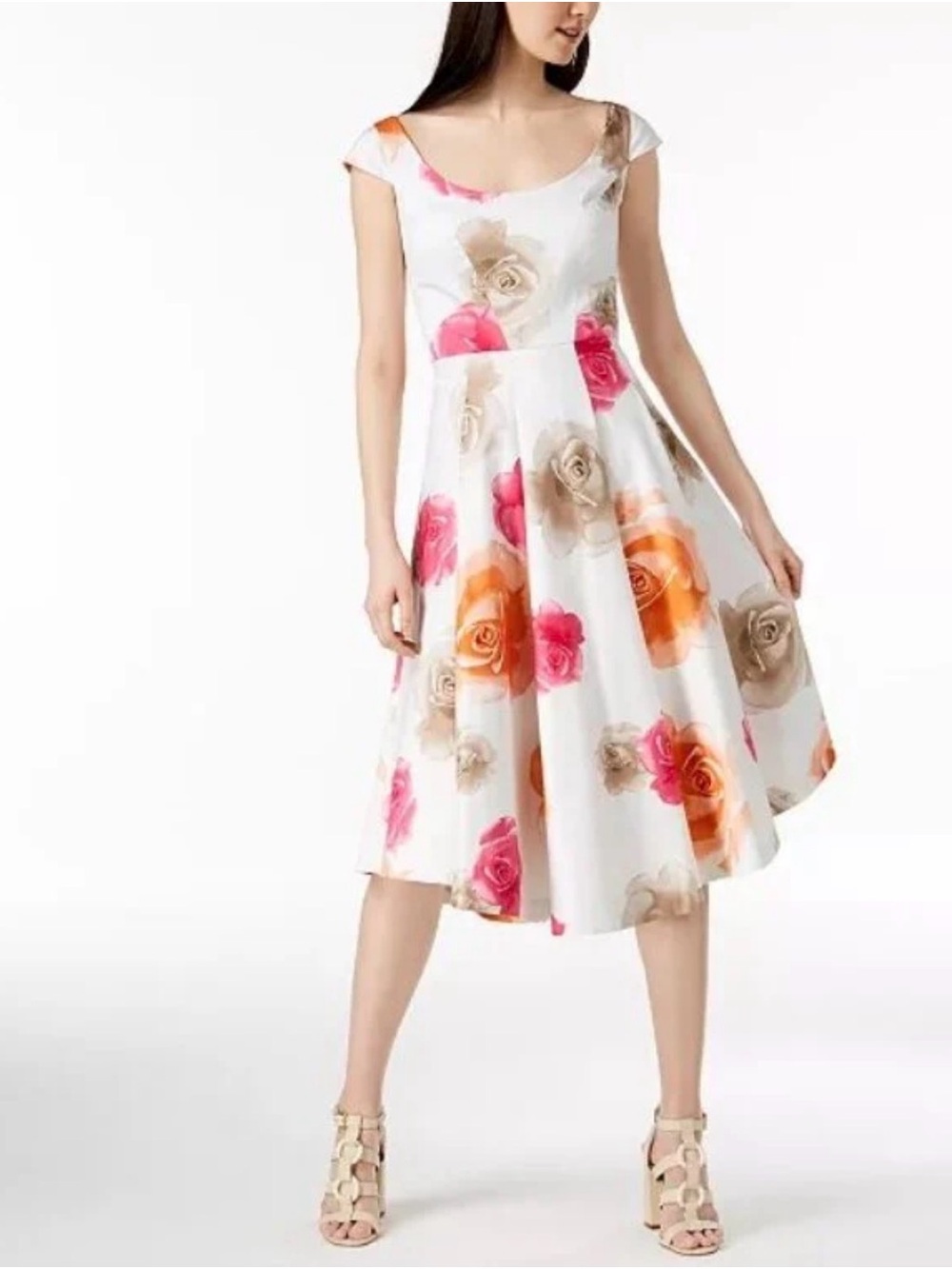 Calvin Klein White Midi Dress with Pink, Orange & Beige Rose Print size 12